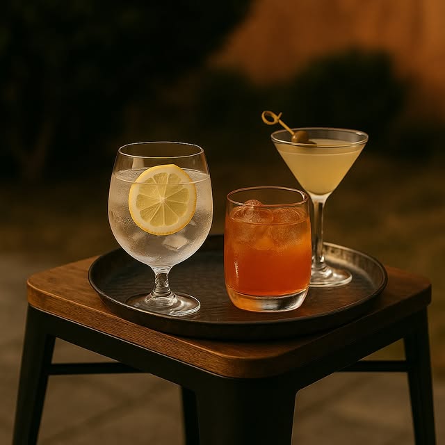 Gin tonic con limón, Negroni y Martini con aceituna